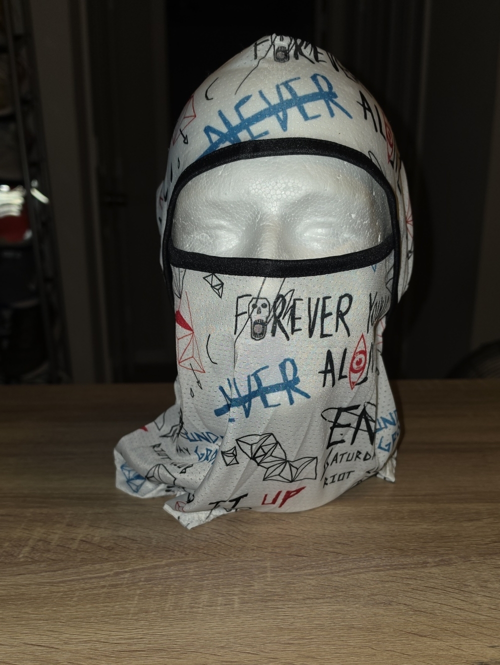 Graphic White Balaclava Face Mask with Black Trim